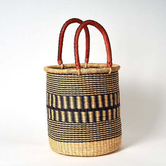 Small Storage Basket with leather bound handles - Navy and Natural