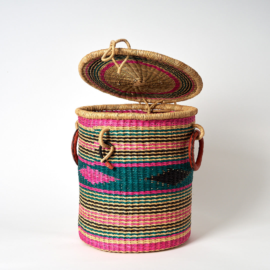 Small Storage Basket with leather bound handles and Lid- Pink, Teal and Green