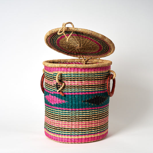 Small Storage Basket with leather bound handles and Lid- Pink, Teal and Green