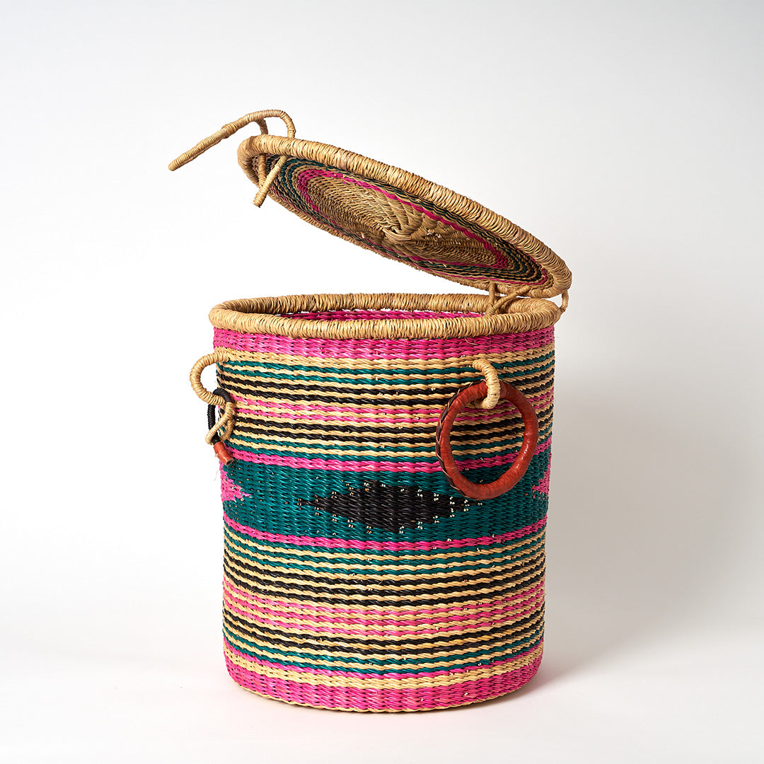 Small Storage Basket with leather bound handles and Lid- Pink, Teal and Green