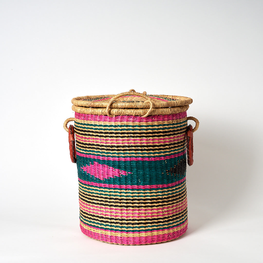 Small Storage Basket with leather bound handles and Lid- Pink, Teal and Green