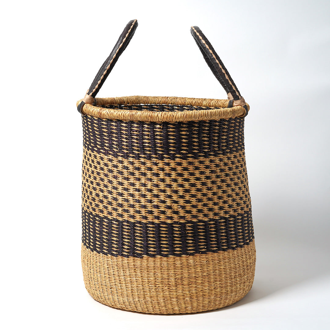 Large Storage Basket with leather bound handles - Navy and Natural
