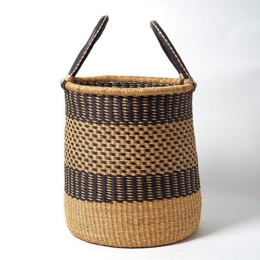 Large Storage Basket with leather bound handles - Navy and Natural