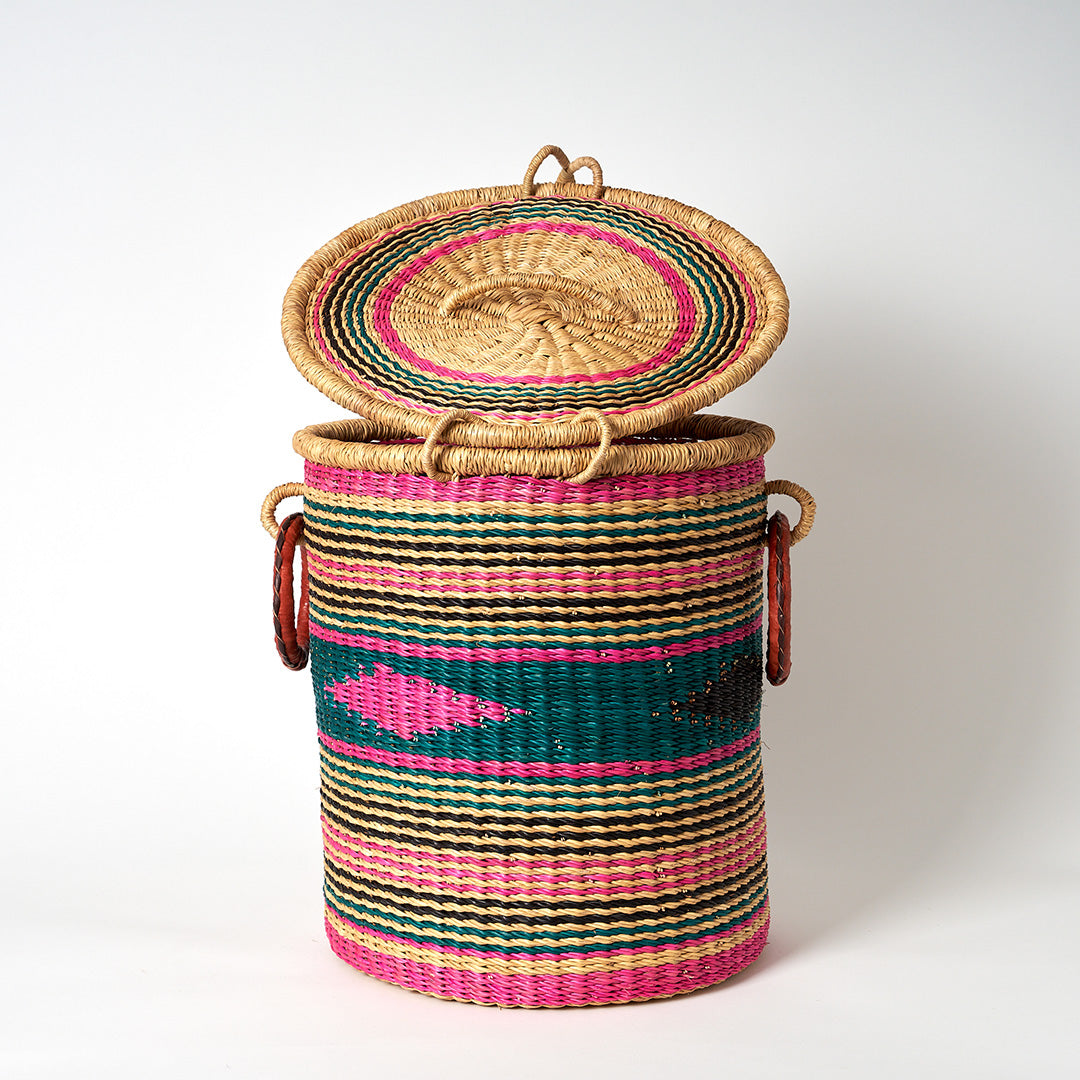 Small Storage Basket with leather bound handles and Lid- Pink, Teal and Green