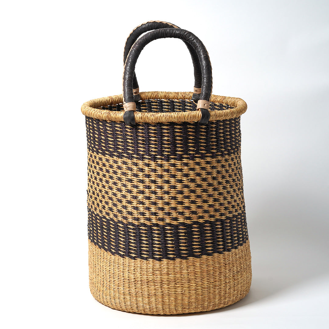 Large Storage Basket with leather bound handles - Navy and Natural