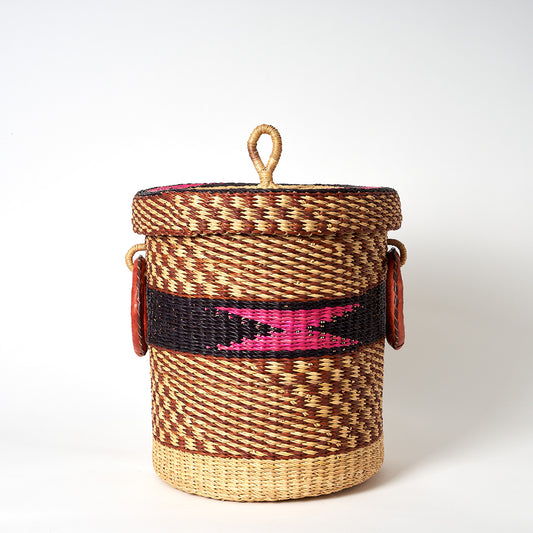 Small Storage Basket with leather bound handles and Lid- Navy, Pink & Cinnamon
