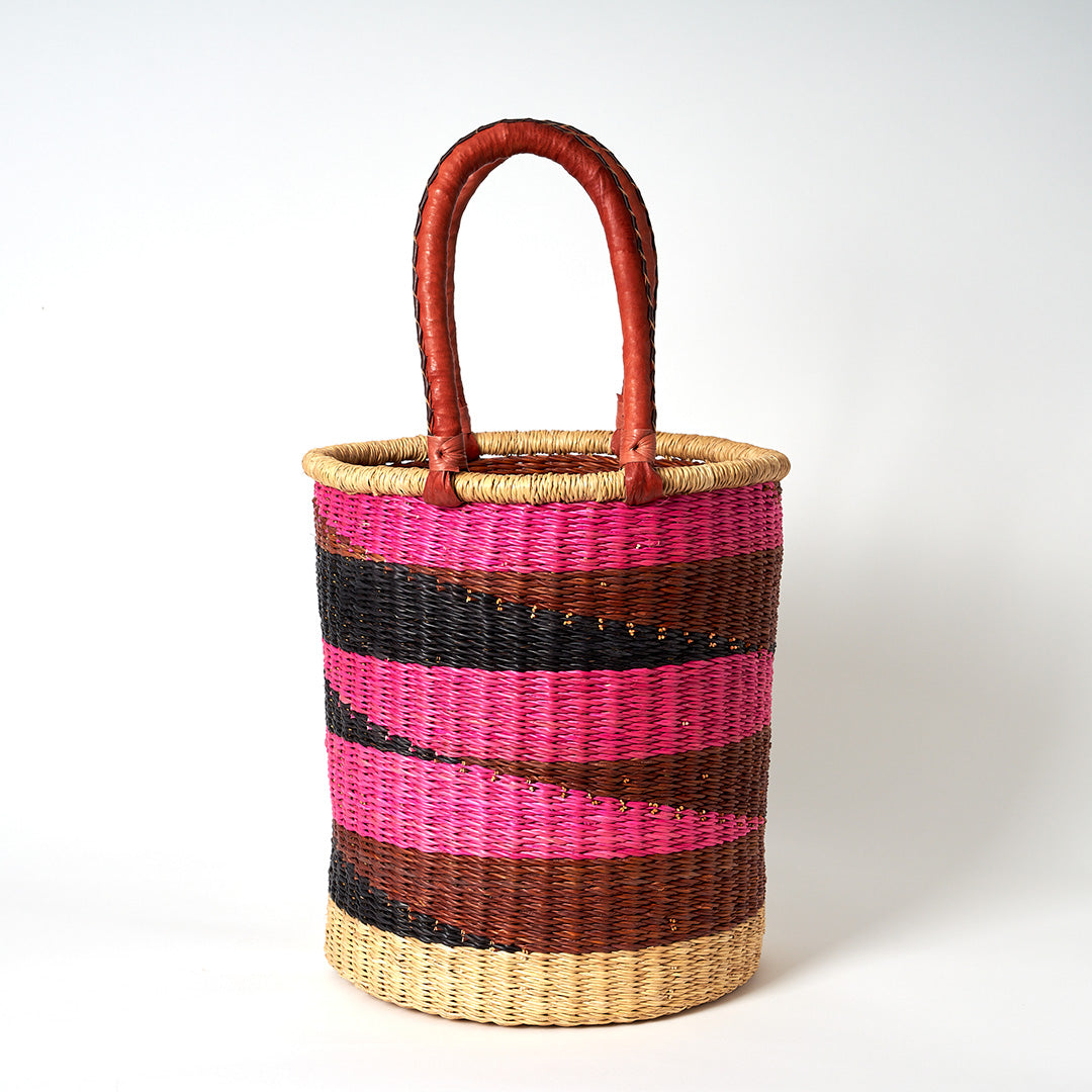 Small Storage Basket with leather bound handles - Navy, Pink and Nutmeg
