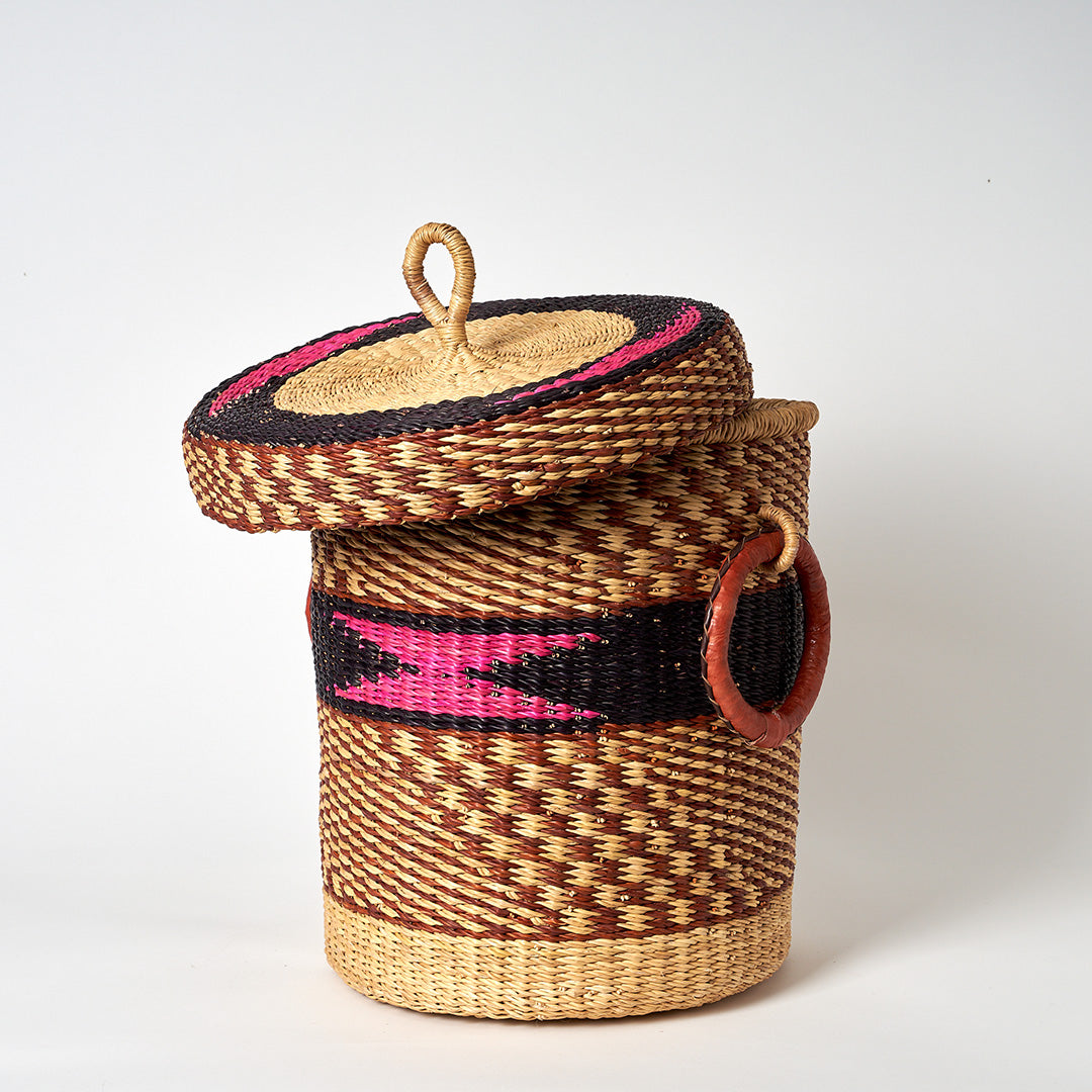 Small Storage Basket with leather bound handles and Lid- Navy, Pink & Cinnamon