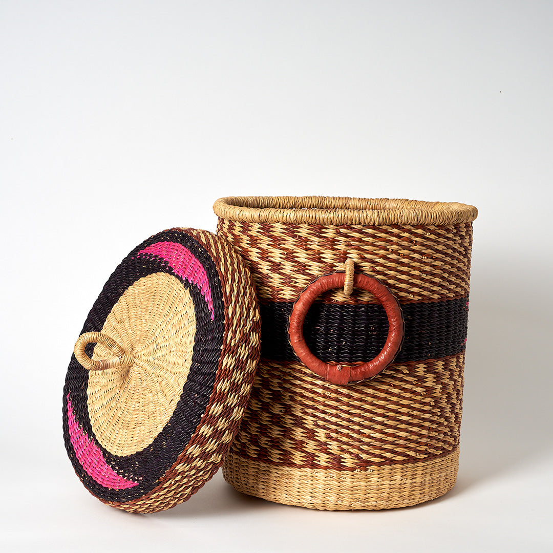 Small Storage Basket with leather bound handles and Lid- Navy, Pink & Cinnamon