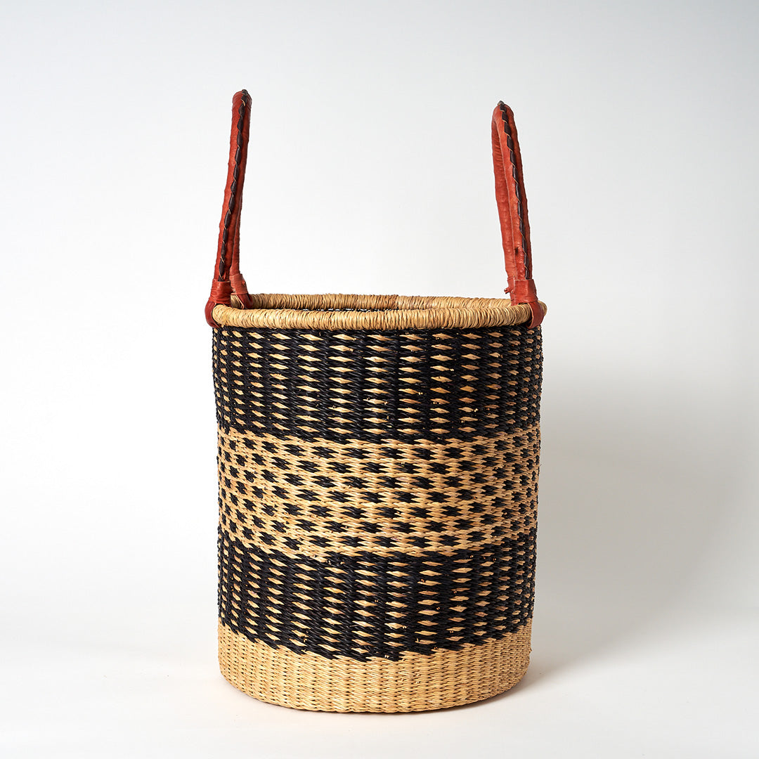 Small Storage Basket with leather bound handles - Navy and Natural