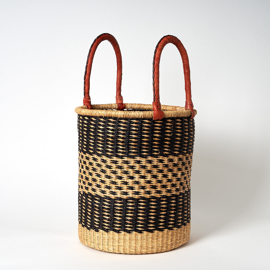 Small Storage Basket with leather bound handles - Navy and Natural