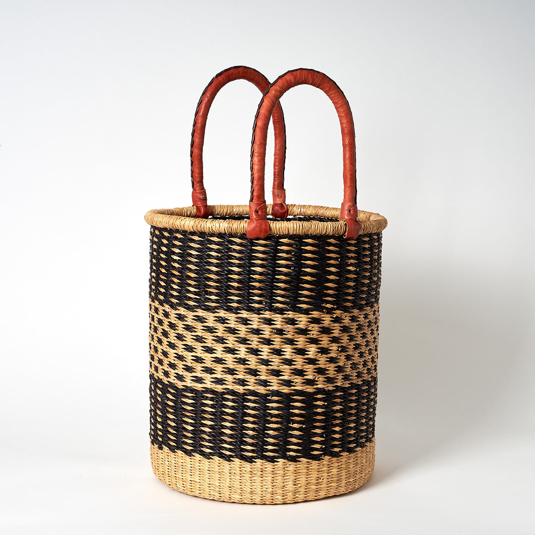 Small Storage Basket with leather bound handles - Navy and Natural