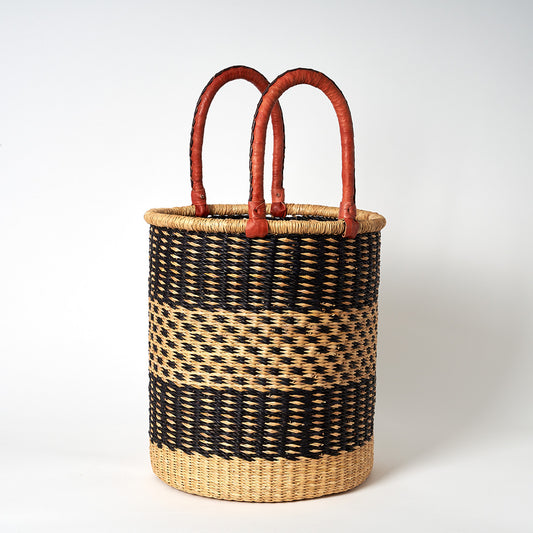 Small Storage Basket with leather bound handles - Navy and Natural