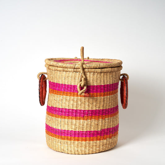 Small Storage Basket with leather bound handles and Lid- Pink, Orang and Natural