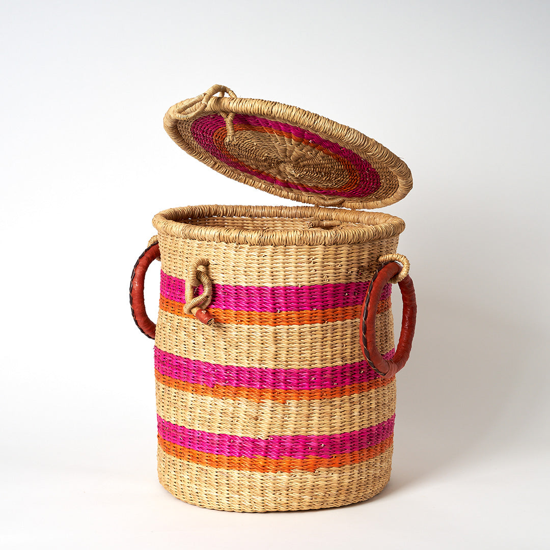 Small Storage Basket with leather bound handles and Lid- Pink, Orang and Natural