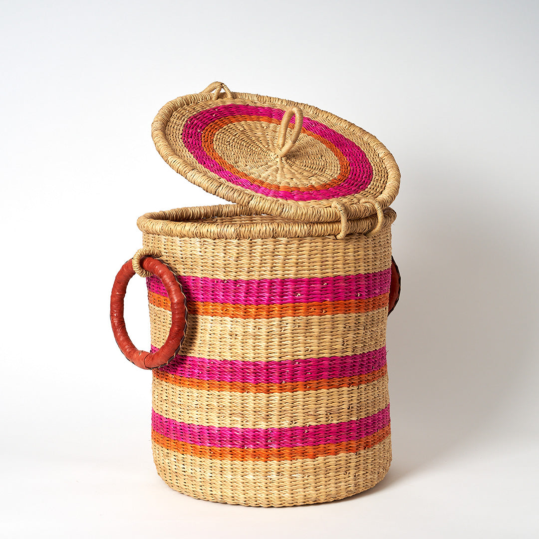Small Storage Basket with leather bound handles and Lid- Pink, Orang and Natural