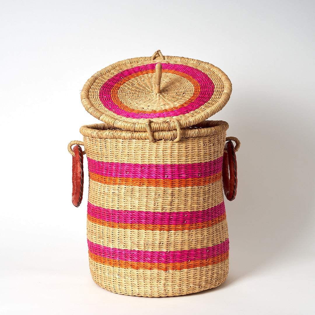 Small Storage Basket with leather bound handles and Lid- Pink, Orang and Natural