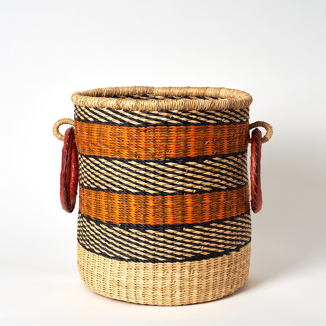 Small Storage Basket with leather bound handles - Orange, Navy and Natural