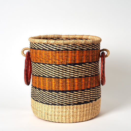 Small Storage Basket with leather bound handles - Orange, Navy and Natural