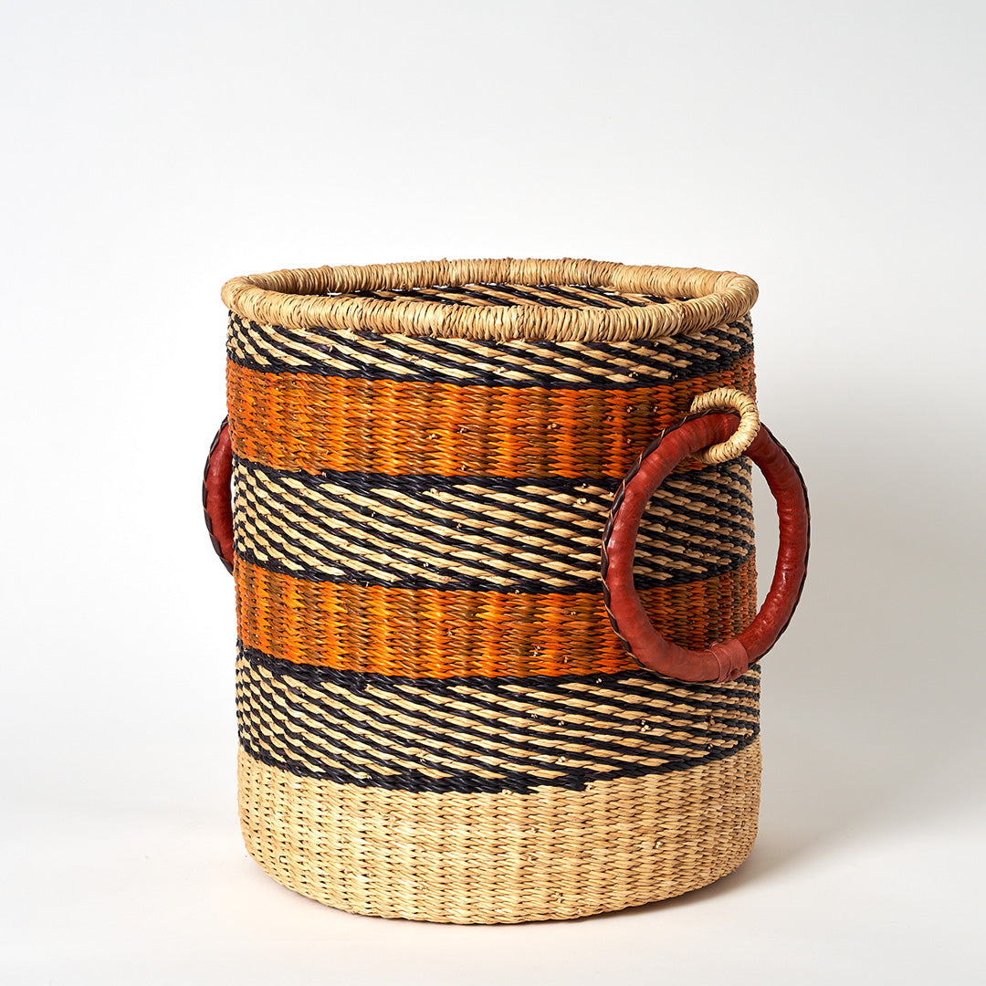 Small Storage Basket with leather bound handles - Orange, Navy and Natural