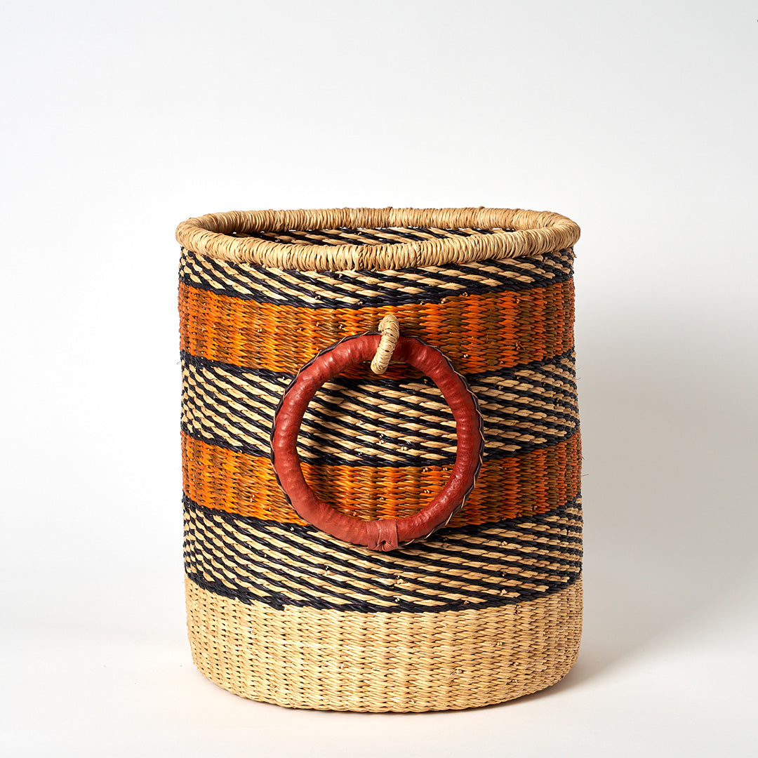 Small Storage Basket with leather bound handles - Orange, Navy and Natural