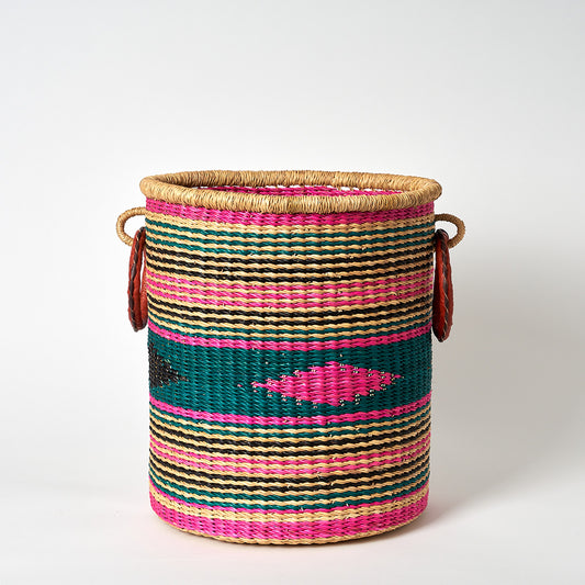 Small Storage Basket with leather bound handles - Pink, Teal and Green
