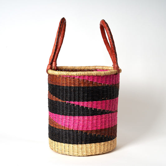Small Storage Basket with leather bound handles - Navy, Pink and Nutmeg