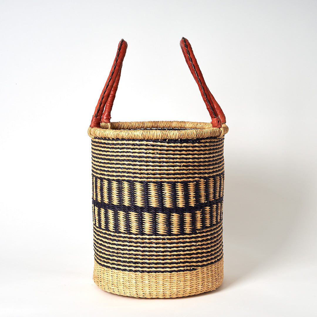 Small Storage Basket with leather bound handles - Navy and Natural