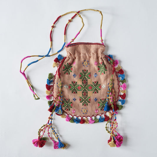 Hand Embroidered Bag with Mirrors and Tassels - Plaster Pink