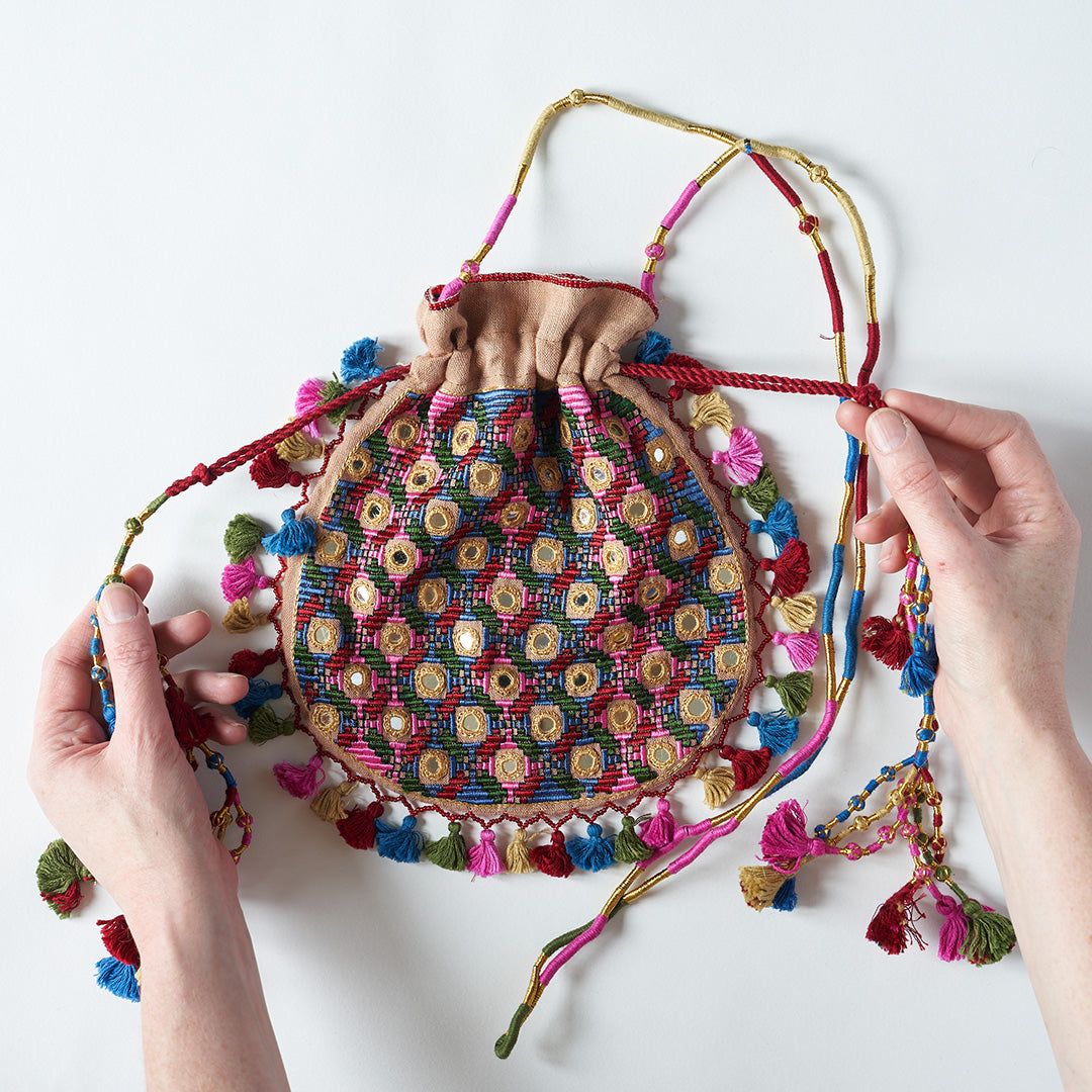 Hand Embroidered Bag with Mirrors and Tassels - Plaster Pink