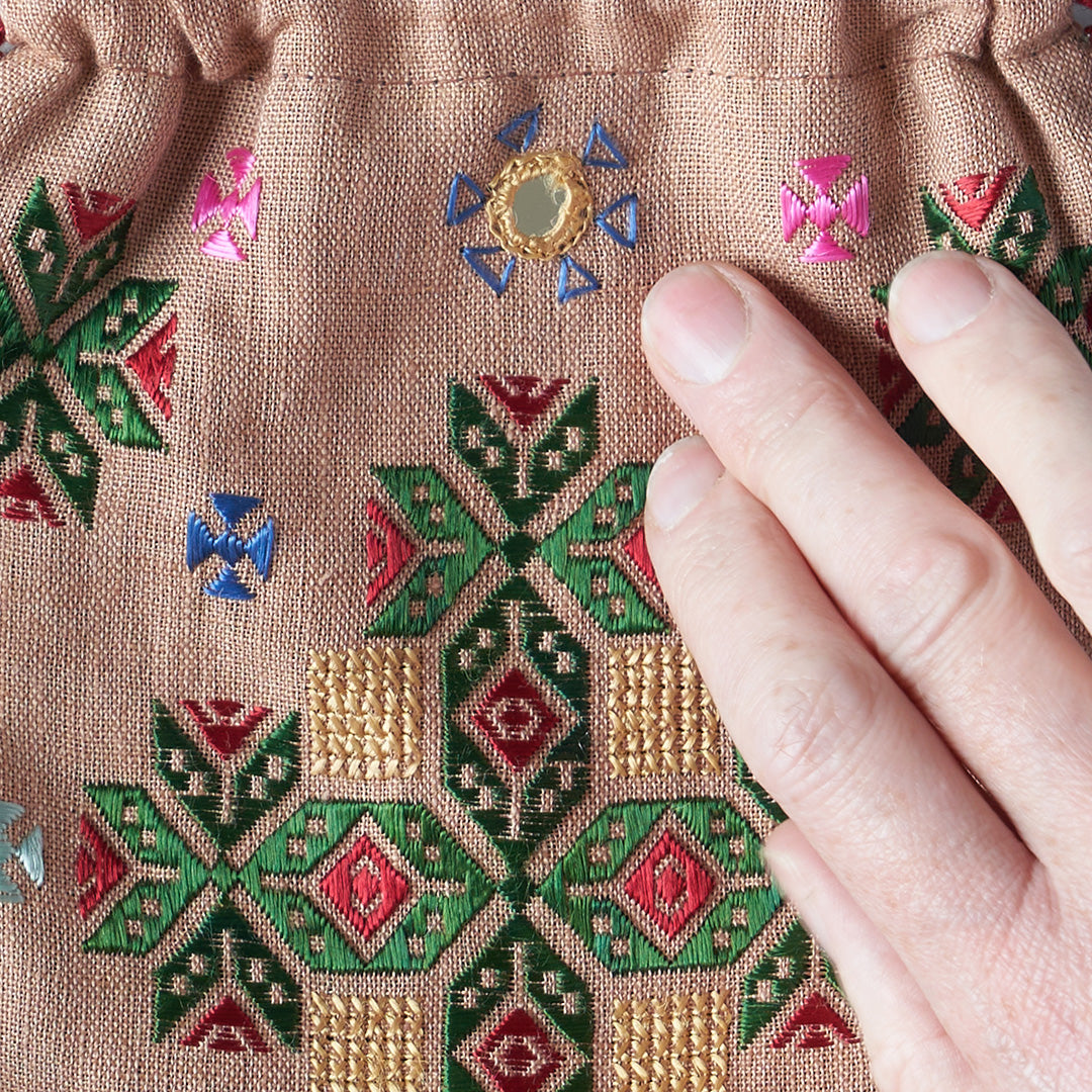 Hand Embroidered Bag with Mirrors and Tassels - Plaster Pink