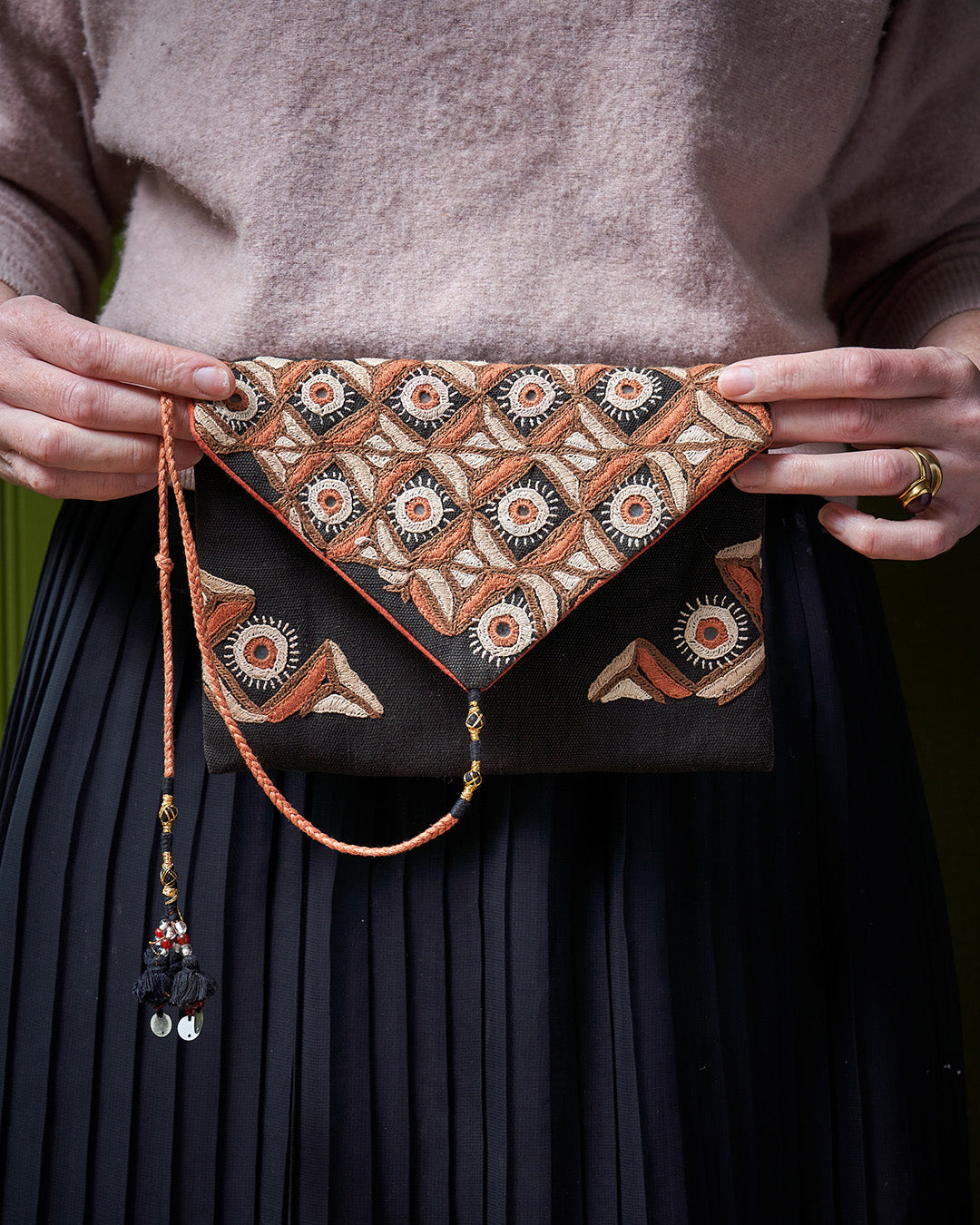 Hand Embroidered Envelope Clutch Bag - Black