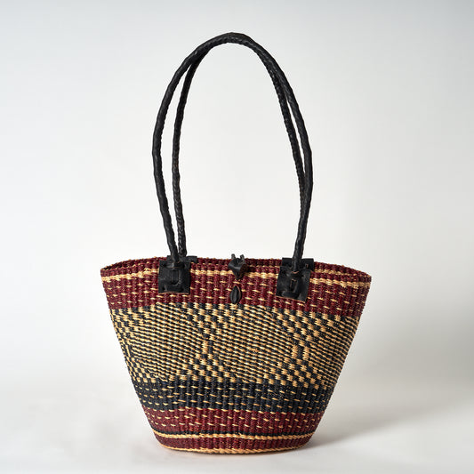 Handbag/Small Shopping Bag with long leather handles - Navy, Burgundy & Natural