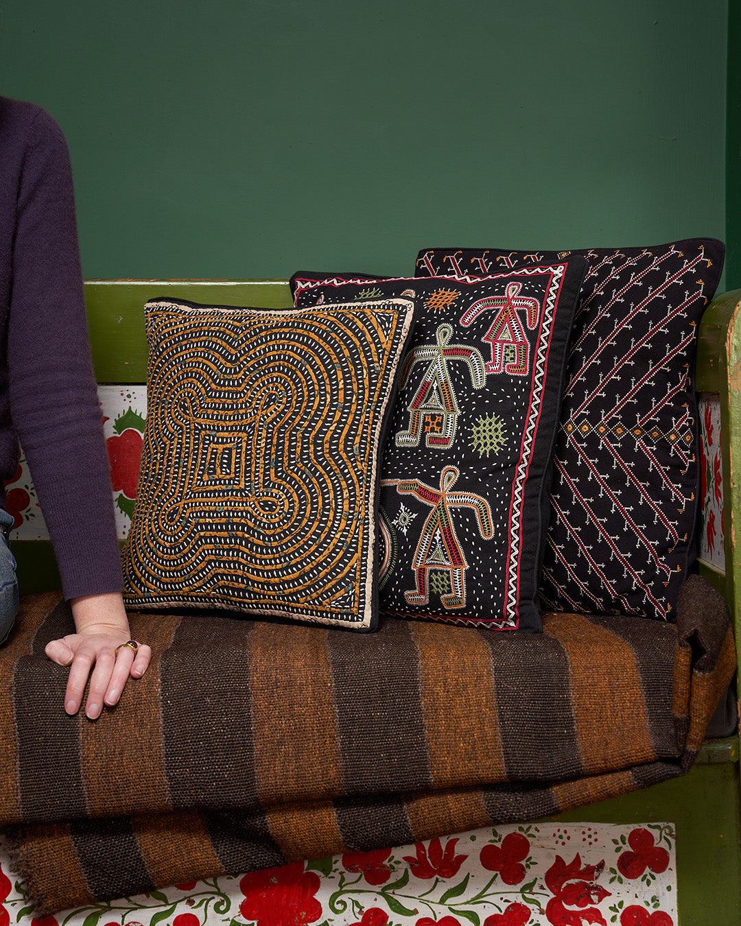 Kala Rama Cross Design - Hand Embroidered Cushion - Black