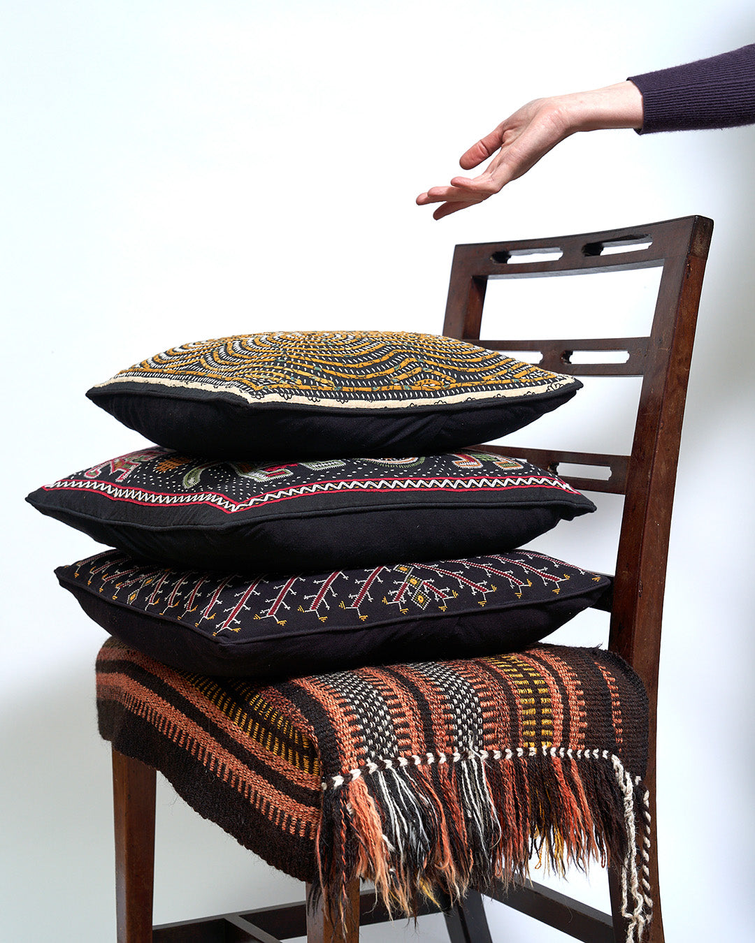 Kala Rama Cross Design - Hand Embroidered Cushion - Black