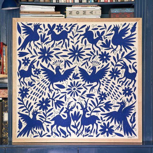 Dark Blue Otomi Artwork- Oak Frame