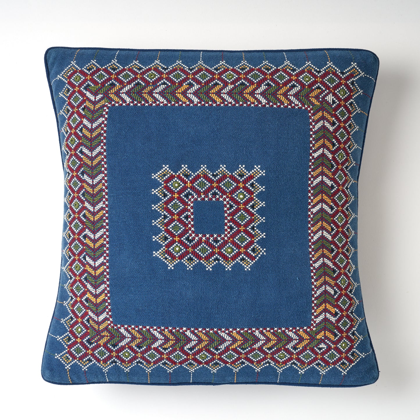 Kala Rama Geometric Jewel Design - Hand Embroidered Cushion - Blue