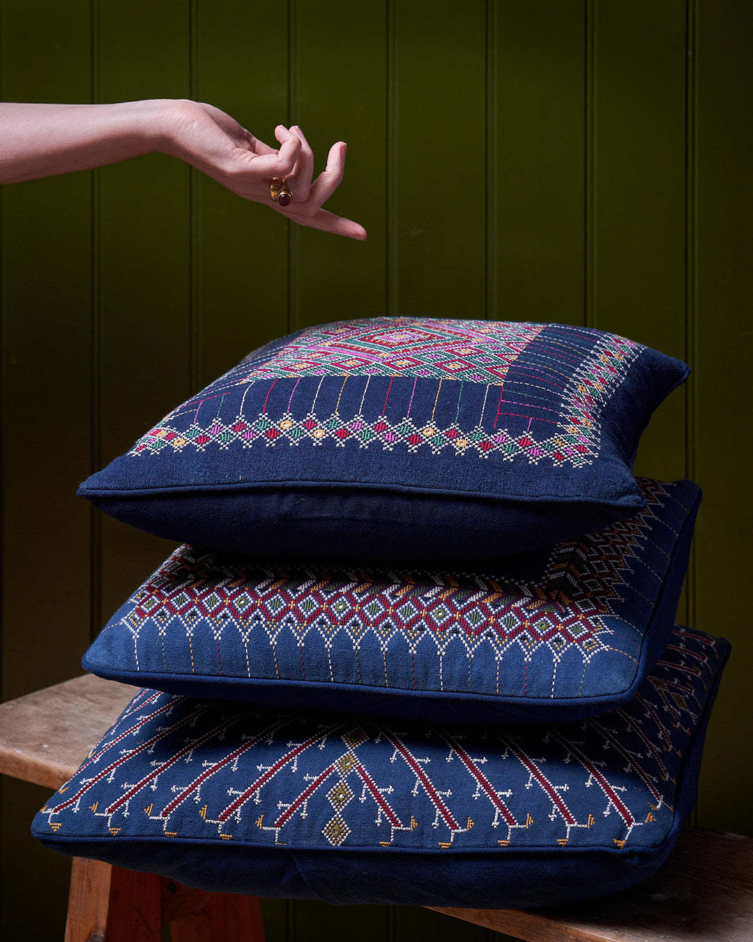 Kala Rama Geometric Jewel Design - Hand Embroidered Cushion - Blue