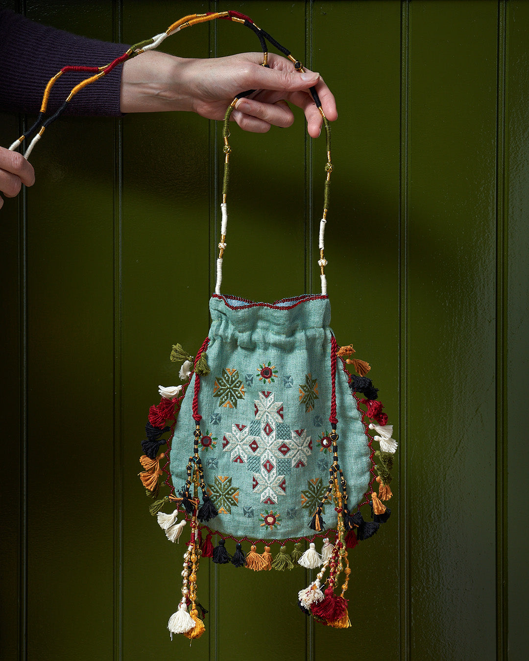 Hand Embroidered Bag with Mirrors and Tassels - Duck Egg