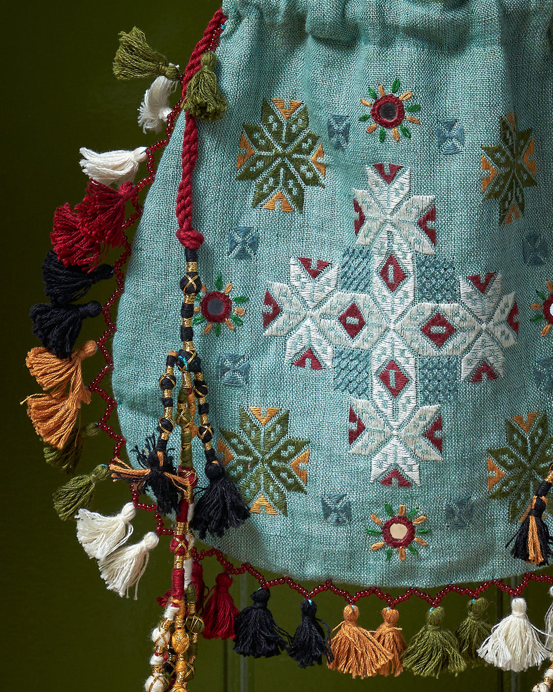 Hand Embroidered Bag with Mirrors and Tassels - Duck Egg