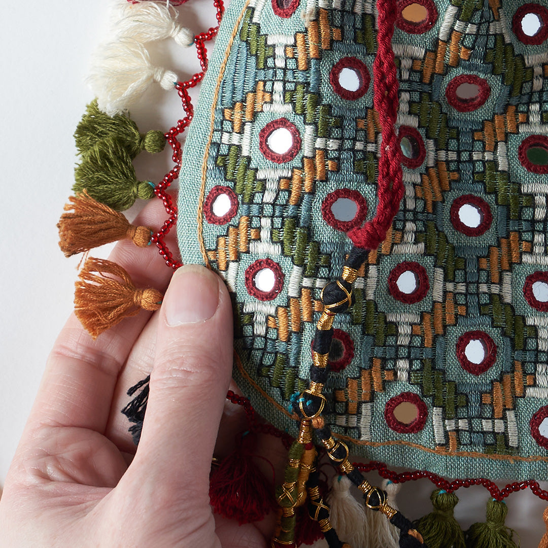 Hand Embroidered Bag with Mirrors and Tassels - Duck Egg