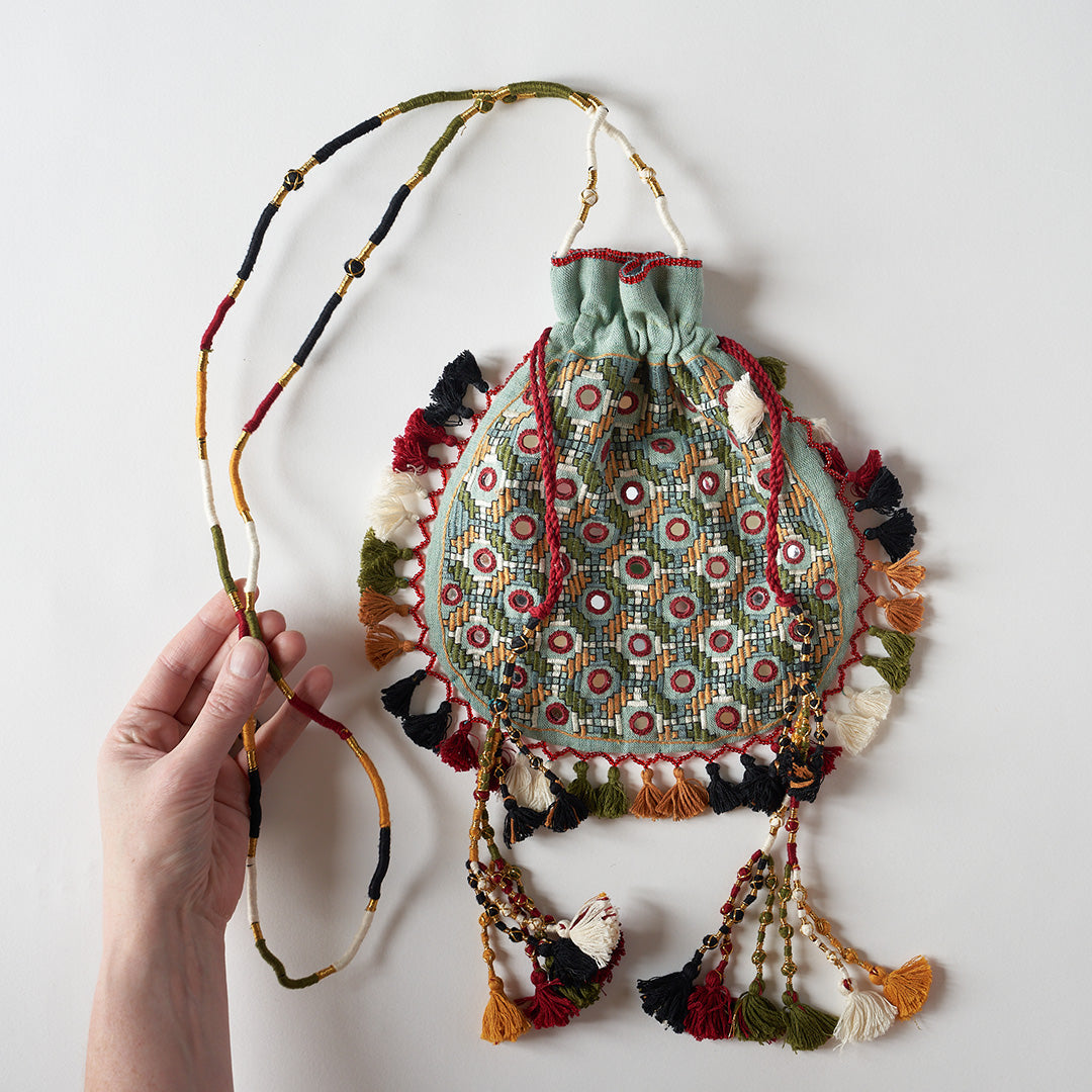 Hand Embroidered Bag with Mirrors and Tassels - Duck Egg