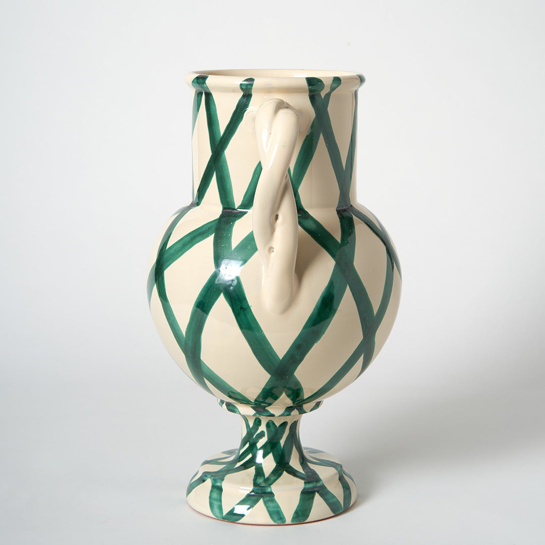 Large Vase with twisted handles - Green Cross Hatch