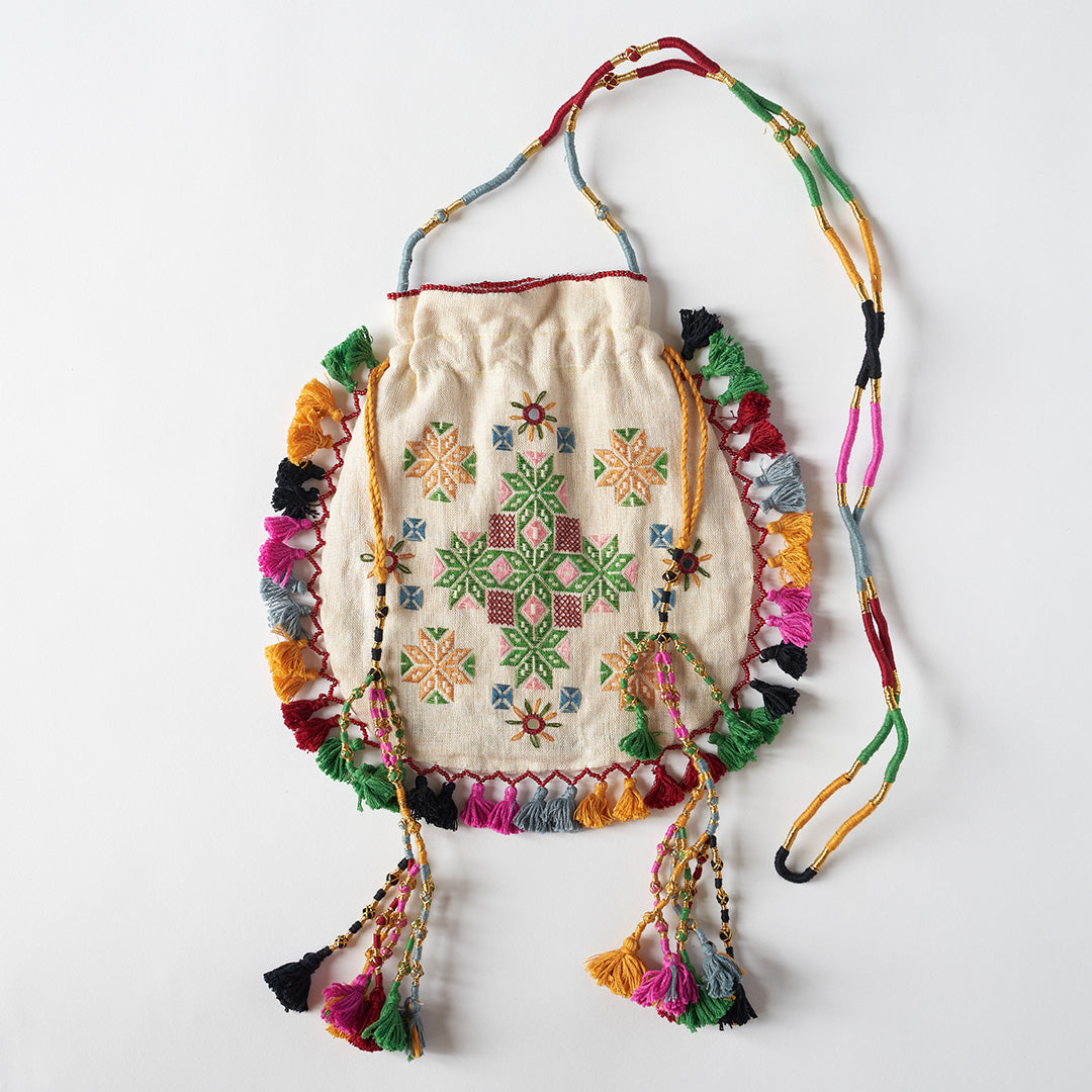 Hand Embroidered Bag with Mirrors and Tassels - Cream