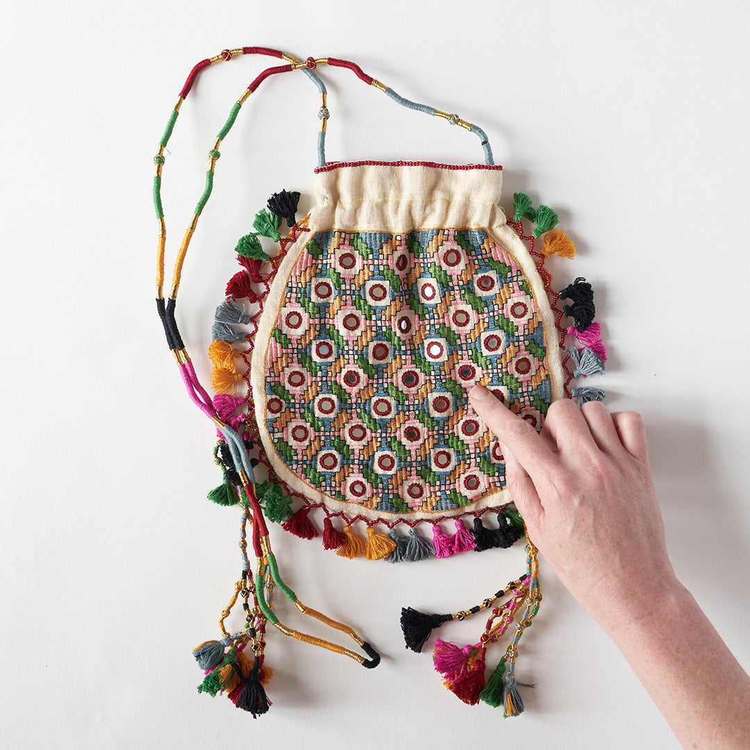 Hand Embroidered Bag with Mirrors and Tassels - Cream
