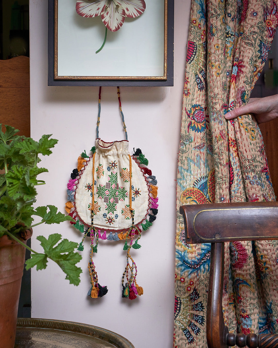 Hand Embroidered Bag with Mirrors and Tassels - Cream