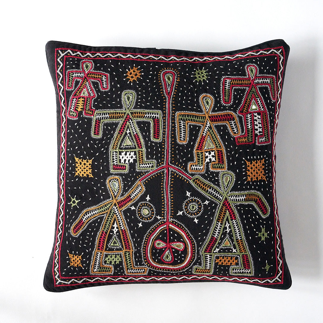 Kala Rama, Figures - Hand Embroidered Cushion - Black