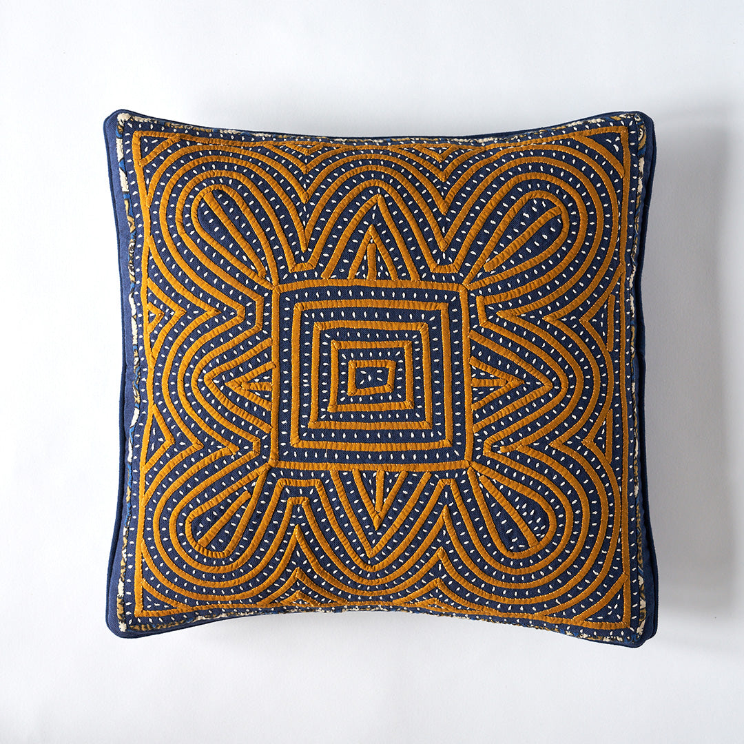 Kala Rama -Hand Appliqued Cushion with Embroidery - Blue and Yellow