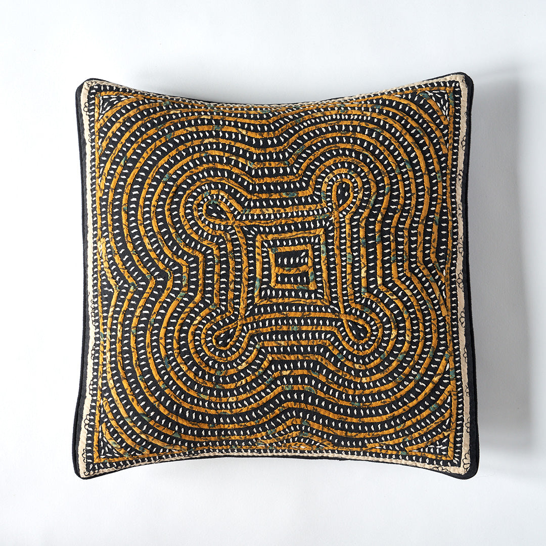 Kala Rama -Hand Appliqued Cushion with Embroidery - Black and Yellow