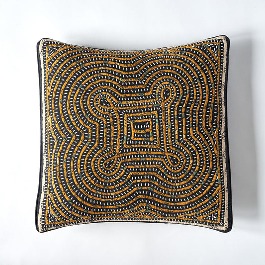 Kala Rama -Hand Appliqued Cushion with Embroidery - Black and Yellow